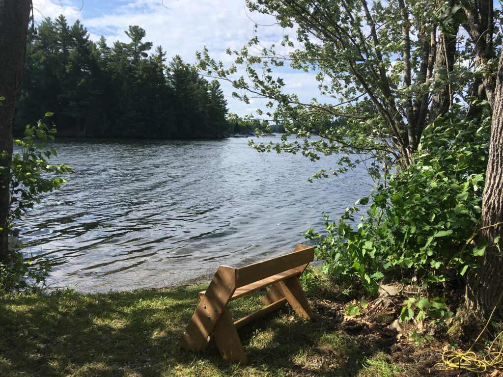 Bench along shoreline at Kawartha Land Trust's Jeffrey-Cowan Forest Preserve